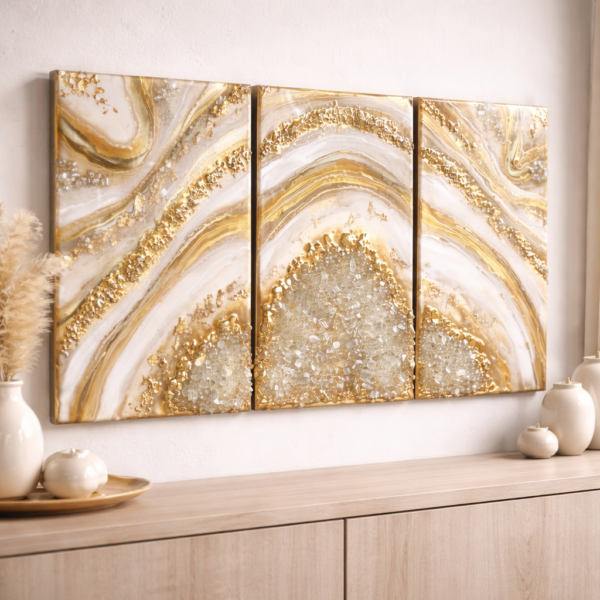 Luxury Gold & White Geode Resin Wall Frame (Set of 3 Panels)