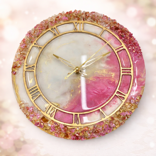 Pink & White Crystal Resin Wall Clock with Gold Roman Numerals