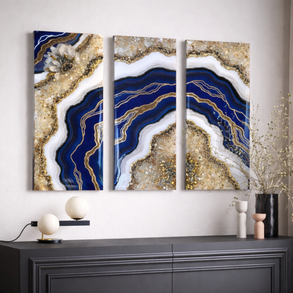 Royal Blue & Gold Geode Resin Wall Frame (Set of 3 Panels)