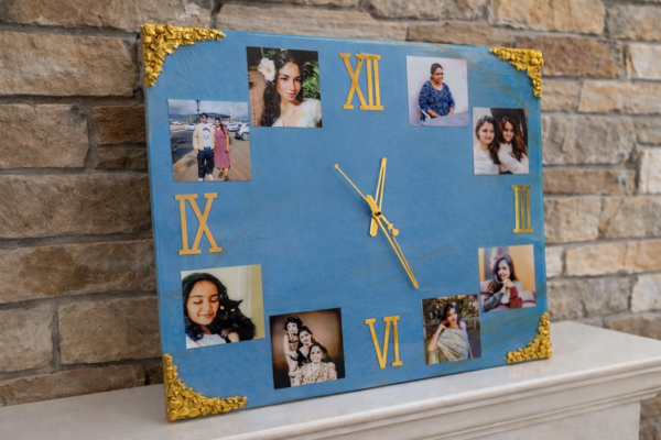 Sky Blue & Gold Personalized Photo Resin Wall Clock (Customized)