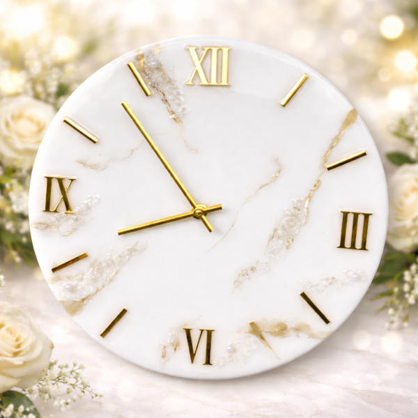 White Marble Crystal Resin Wall Clock with Gold Roman Numerals